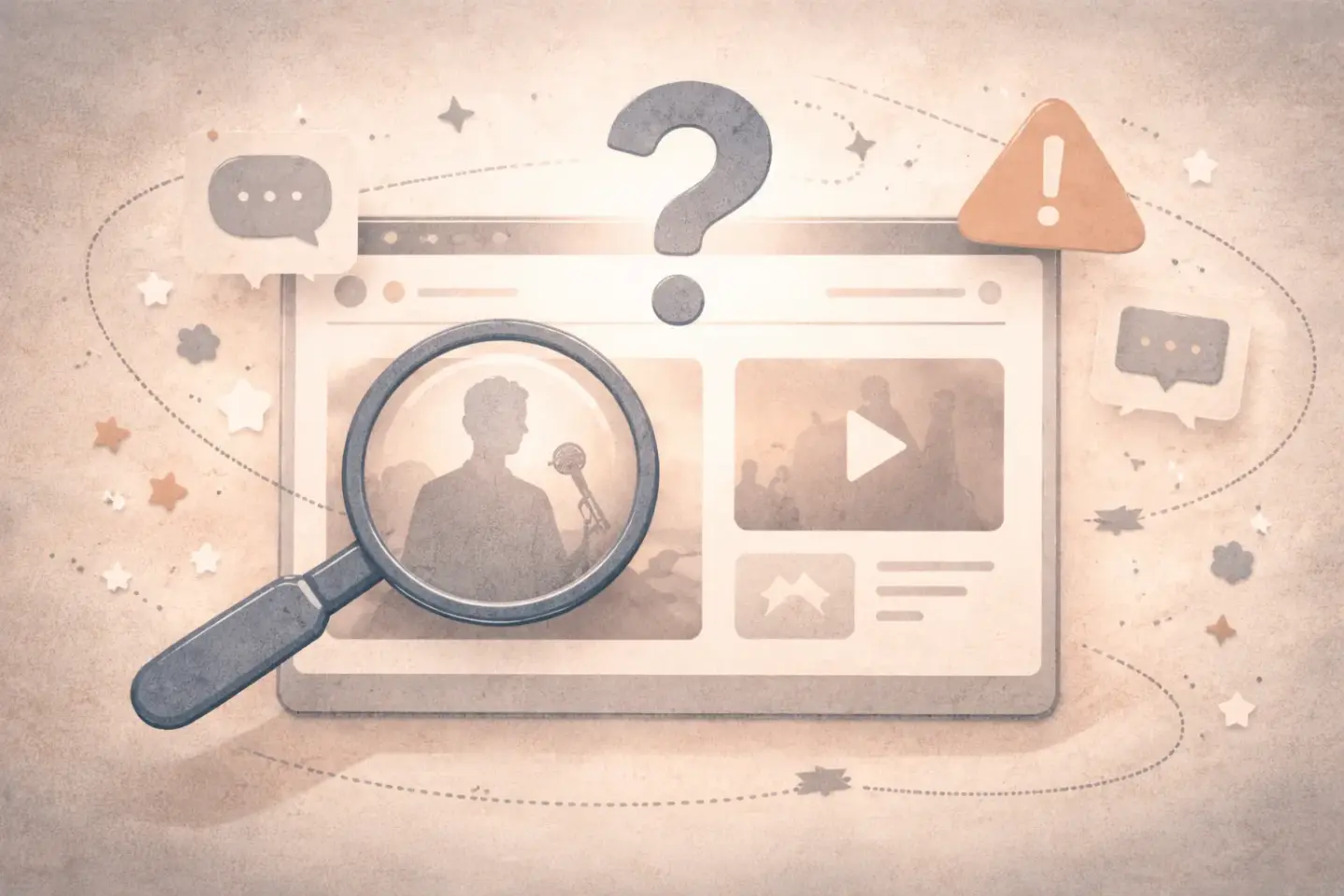 KI-generiertes Bild: Illustration einer Webseite mit einer Lupe über einer Person mit Mikrofon, einem Fragezeichen darüber und Sprechblasen sowie einem Warnsymbol im Hintergrund