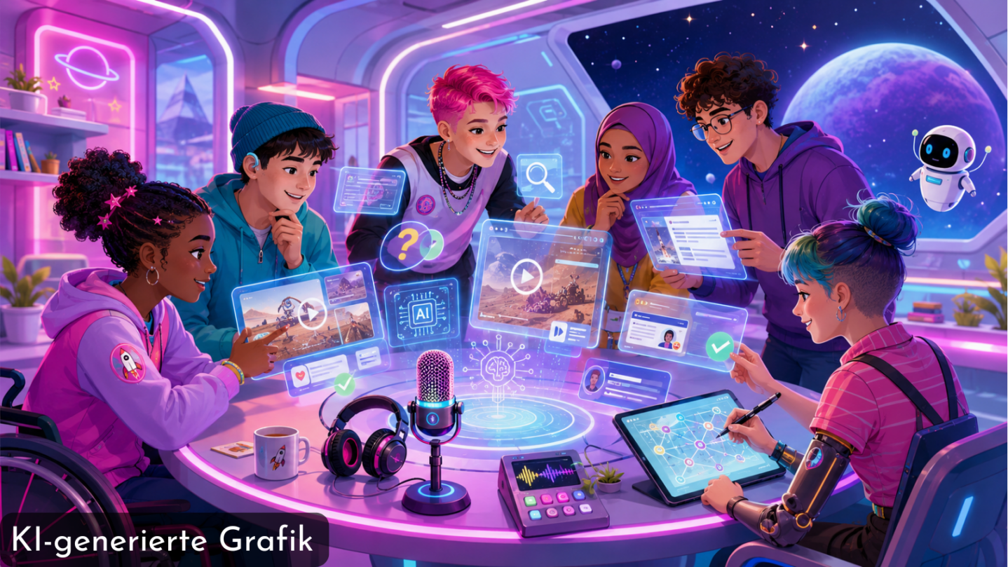 KI-generierte Grafik: Jugendliche sitzen um einen runden Tisch mit holografischen Displays und digitalen Geräten in einem futuristischen Raum mit Weltraumfenster und Neonbeleuchtung und nehmen einen Podcast auf