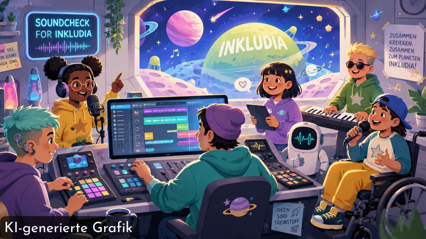 KI-generierte Grafik: Fünf Personen in einem digitalen Tonstudio mit Mikrofonen, Mischpult, Laptop und Monitor vor einer Weltraumkulisse mit dem Schriftzug INKLUDIA