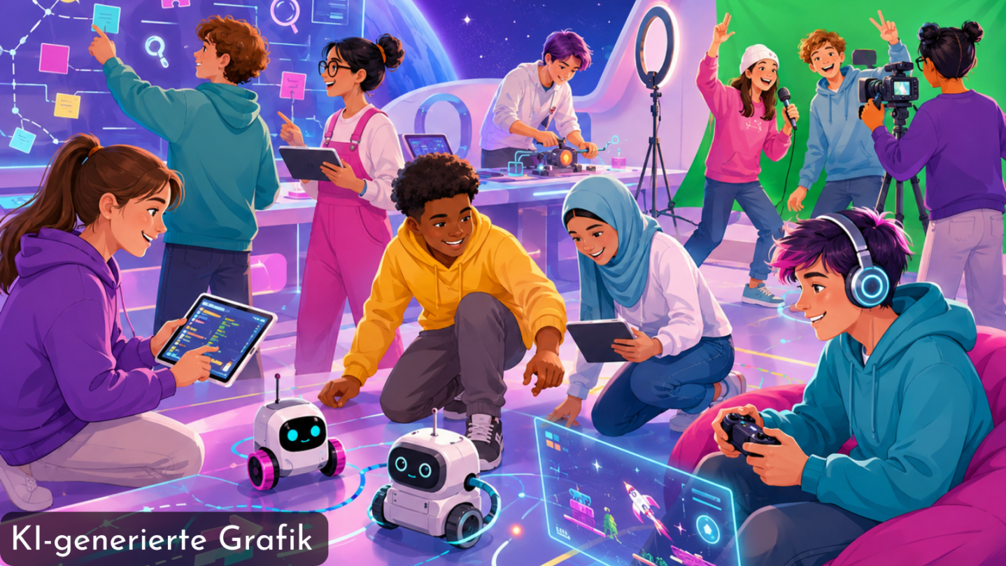 KI-generierte Grafik: Gruppe junger Menschen in einem hellen Raum mit Tablets, Robotern, Computern und Kameraausrüstung, die an Technik und Programmierung arbeiten
