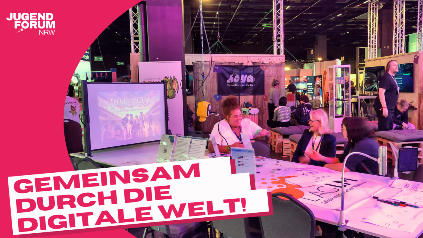 Das Team der LAG LM im Gespräch mit Katja Engelberg beim MakerSpace auf dem Jugendforum NRW