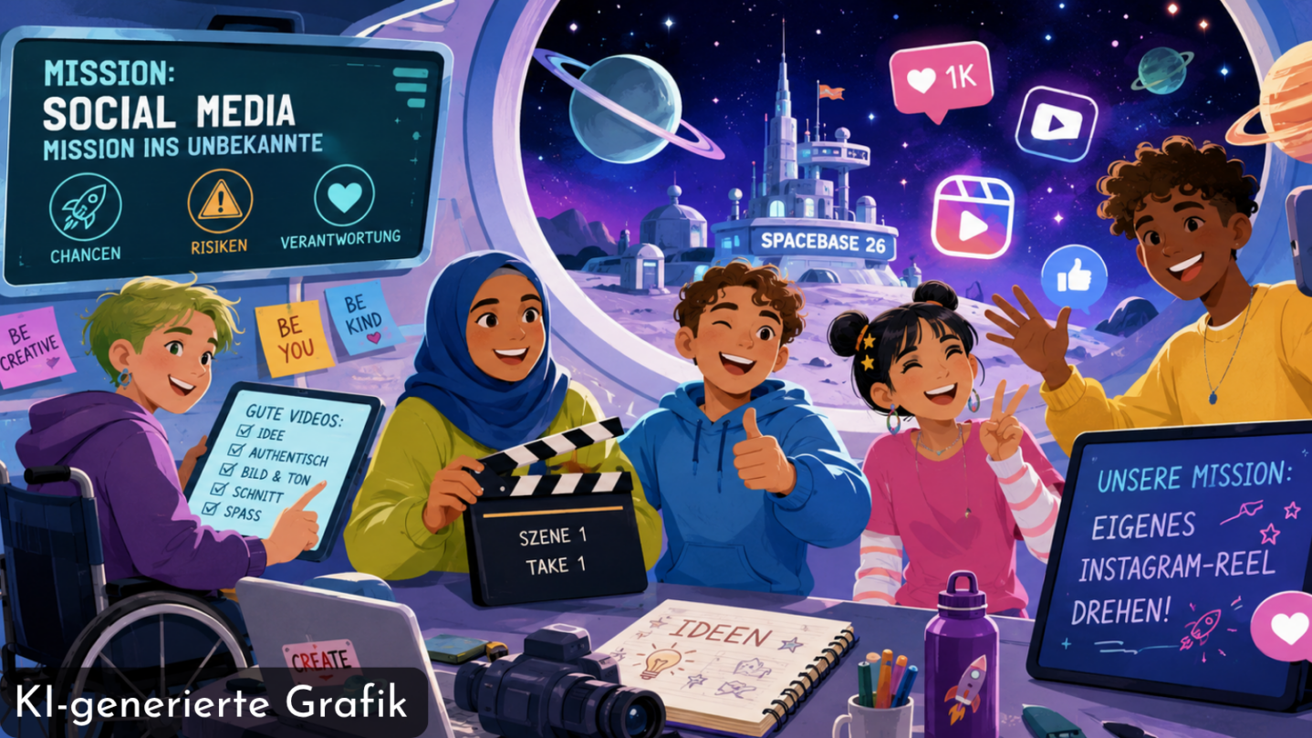 KI-generierte Grafik: Fünf junge Menschen unterschiedlicher Herkunft und mit und ohne Unterstützungsbedarf posieren fröhlich vor einer futuristischen Stadtkulisse mit Social-Media-Symbolen und Schildern zu einer Social-Media-Mission.