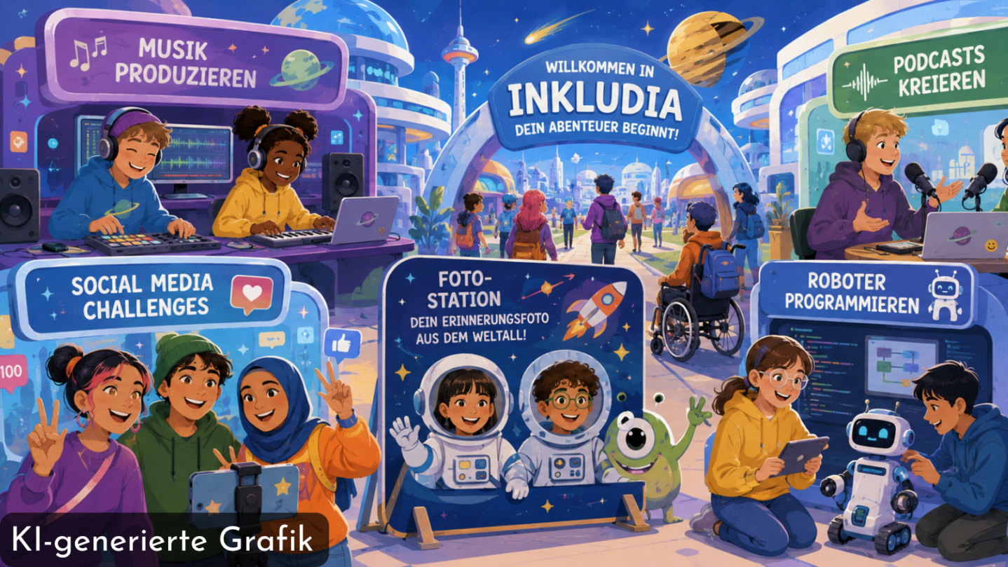 KI-generierte Grafik: Bunte Illustration einer Erlebniswelt mit Stationen zu Musik produzieren, Social-Media-Challenges, Fotostation, Podcasts kreieren und Roboter programmieren, Jugendliche verschiedener Altersgruppen und Hintergründe interagieren fröhlich.
