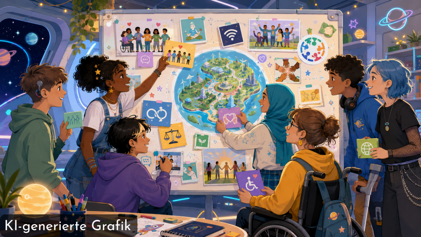 KI-generierte Grafik: Jugendliche unterschiedlicher Herkunft und mit und ohne Unterstützungsbedarf gestalten gemeinsam ein Vision Board mit einem großen Planetenbild in der Mitte, umgeben von Symbolen für Inklusion, Nachhaltigkeit und Gemeinschaft.