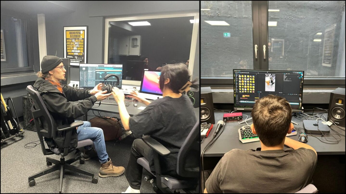 Fachkraft und Jugendliche im Tonstudio beim Produzieren von Beats